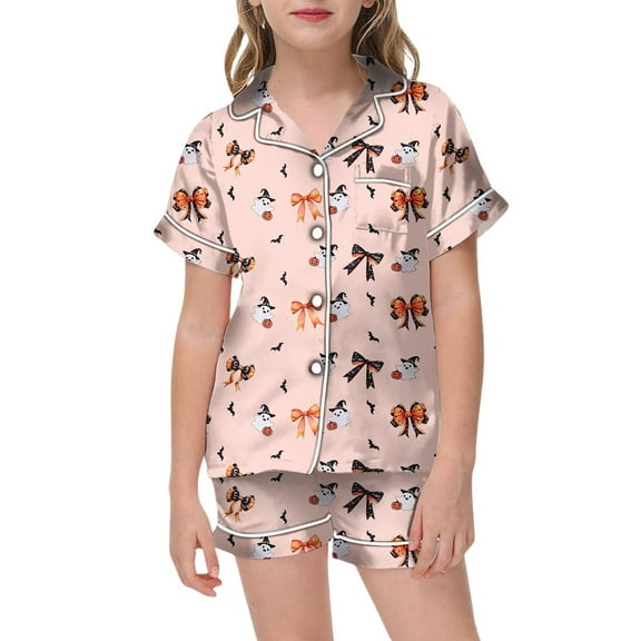 MEZZALL Children Halloween Pumpkin Pajama Sets Short Sleeve Lapel Blouse Tops Shorts Cozy For Little Kids Leisure Baby Nightwear
