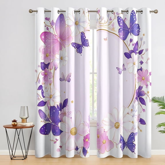ButterflyCurtains Kids Girls, Floral Window Curtains, Flower Butterflies Blackout Curtains, Thermal Grommet Drapes For Bedroom Living Room42"W x 84"L (Pack of 2)