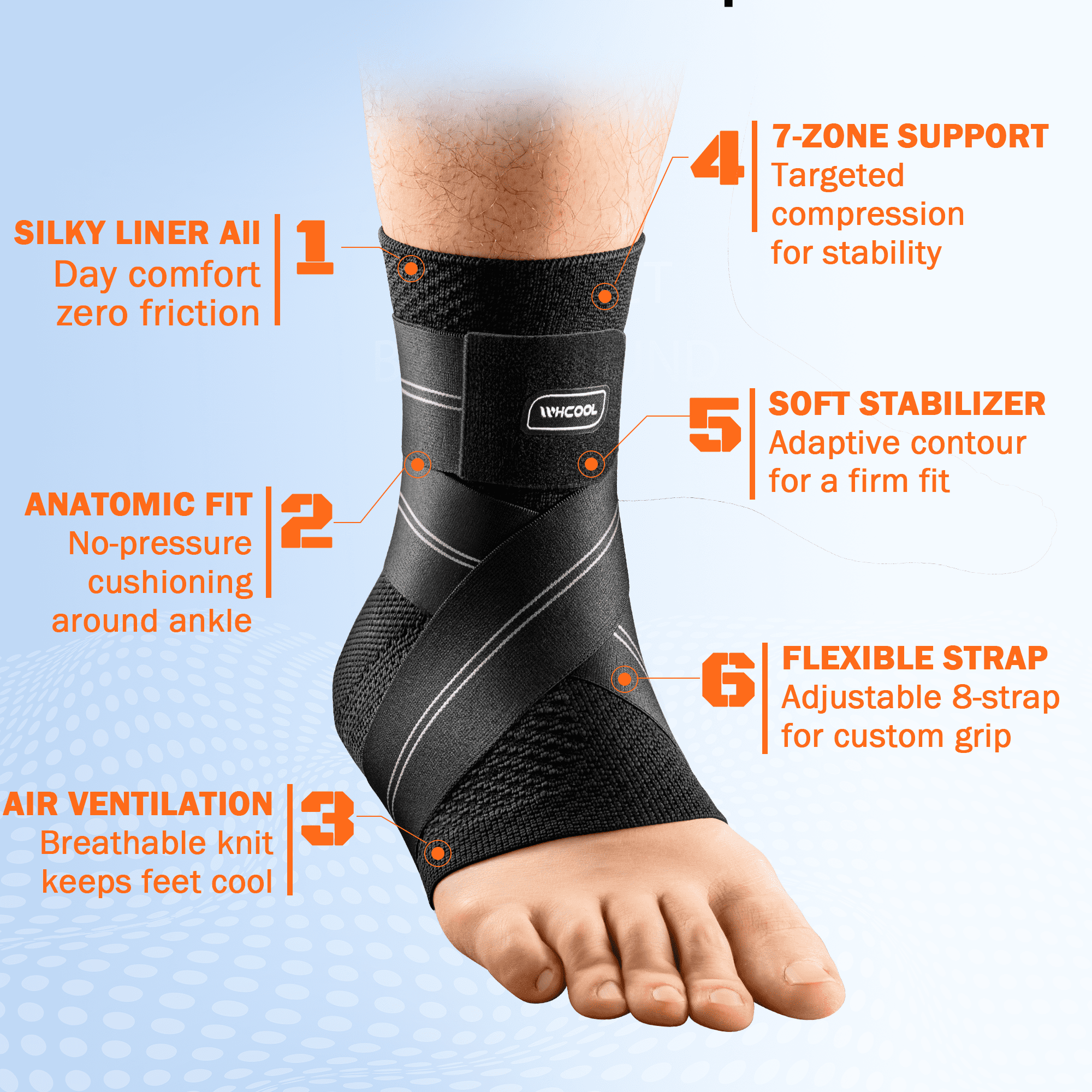 WHCOOL Athletic Ankle Brace for Basketball & Football, 7-Zone Compression Ankle Support with Flexible Stability Strap,Black