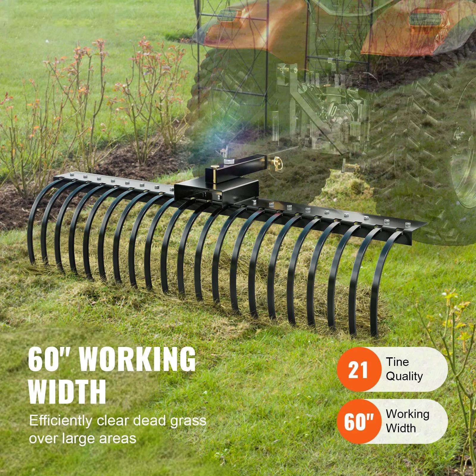 Tow Behind Landscape Rake, 60inch Tow Dethatcher with Steel Coil Tines, Lawn Dethatcher Rake for Leaves, Pine Needles and Grass