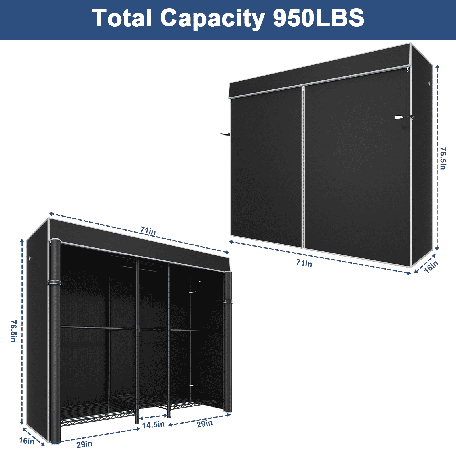 Ulif E12C Heavy Duty Closet Organizer System - Adjustable Garment Rack with Dustproof Cover, 960lbs Capacity Freestanding Clothing Rack (71"W x 76.5"H, Black/Grey)