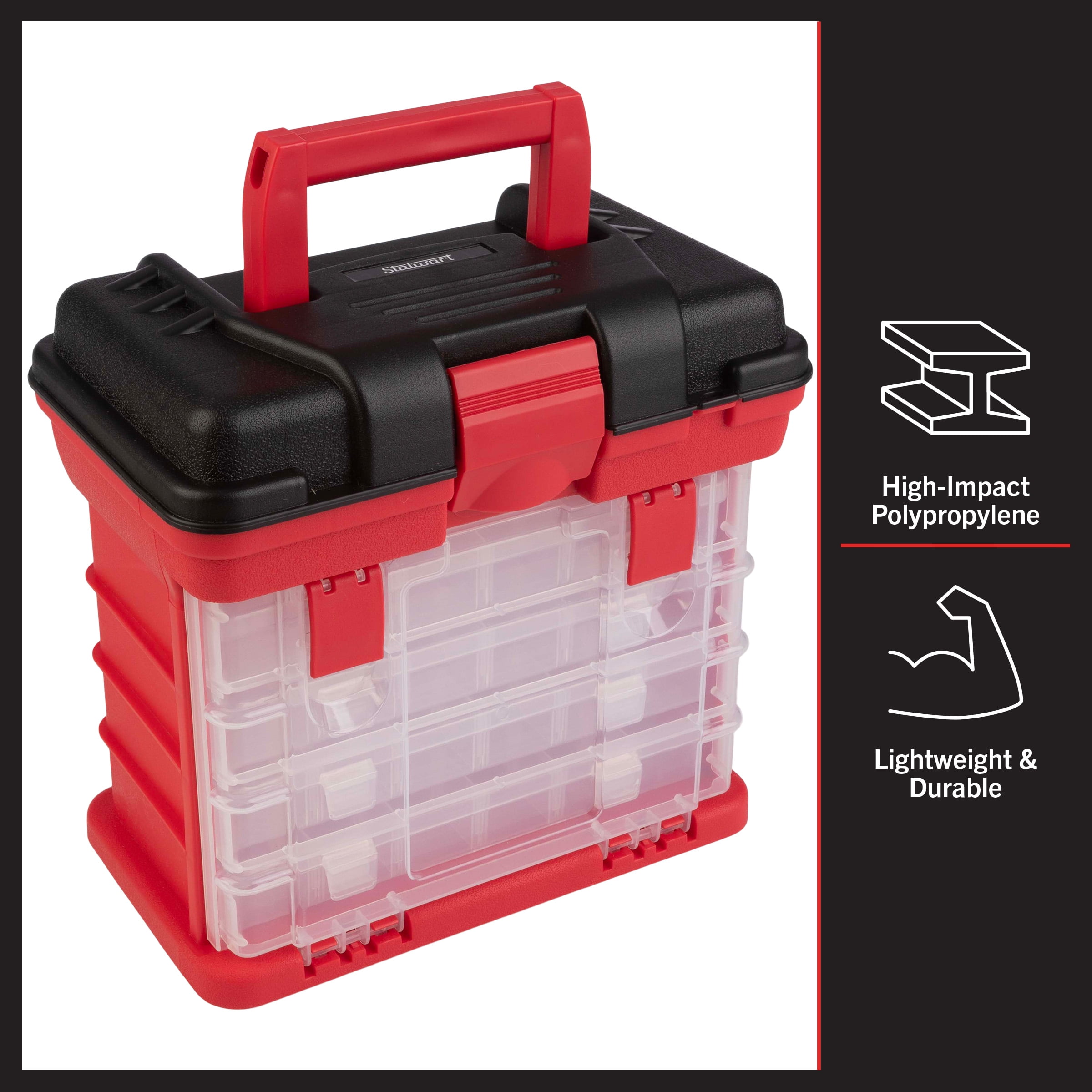 Stalwart Small Parts Organizer Toolbox for Hardware, Tackle, or Crafts, Red