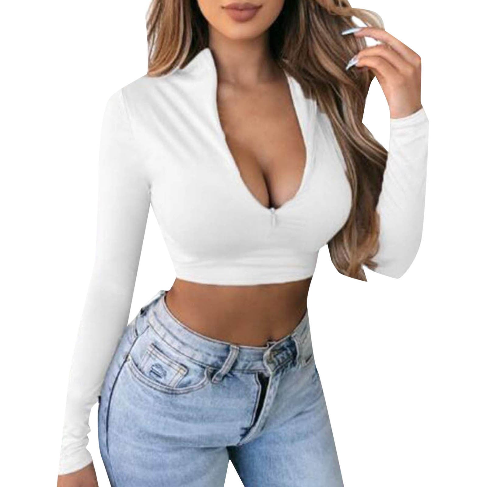 Riforla Women's Long Sleeve Quarter Zip Crop Tops Lined V