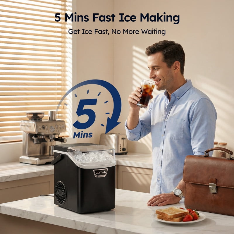 SIMZLIFE Countertop Nugget Ice Maker 33Lbs/24H, 5-Min Ice Cycle, Self-Cleaning, Portable Ice Machine with Basket & Scoop, Black