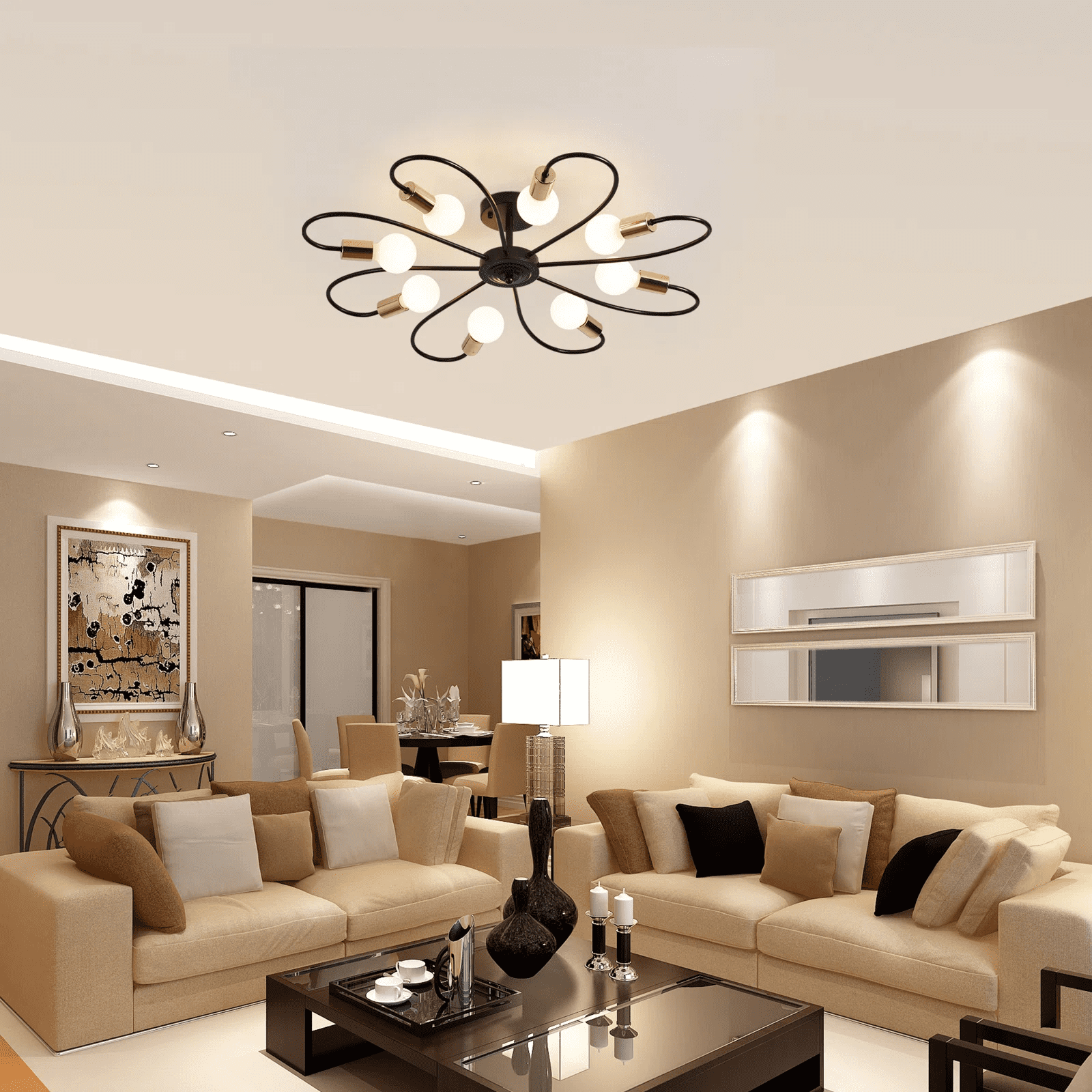 Ganeed 8-Light Semi Flush Ceiling Light, Modern Sputnik Chandeliers , Industrial Vintage Ceiling Lamp Fixture for Kitchen Dining Living Room Bedroom (Black&Gold)