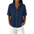 thumbnail image 2 of Stamzod Button Down Shirts for Women Short Sleeve Summer Tops Cotton Linen Dressy Casual Work Blouse with Pocket Navy XXL, 2 of 6