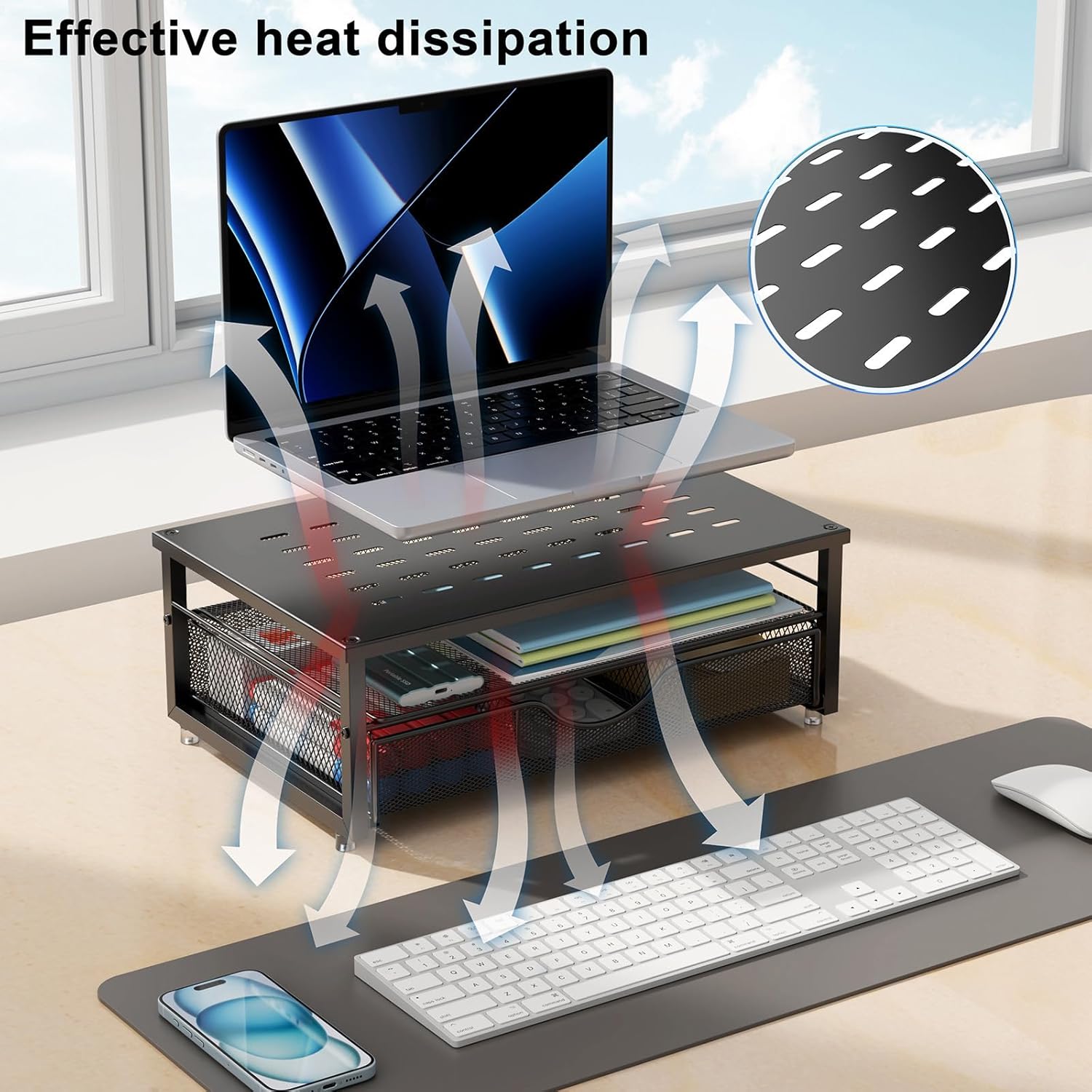 Computer Monitor Stand Riser, Desk Organizers and Accessories with Drawer, Office Desk Accessories & Workspace Desktop Organizers Storage for Printer Stand (Black)