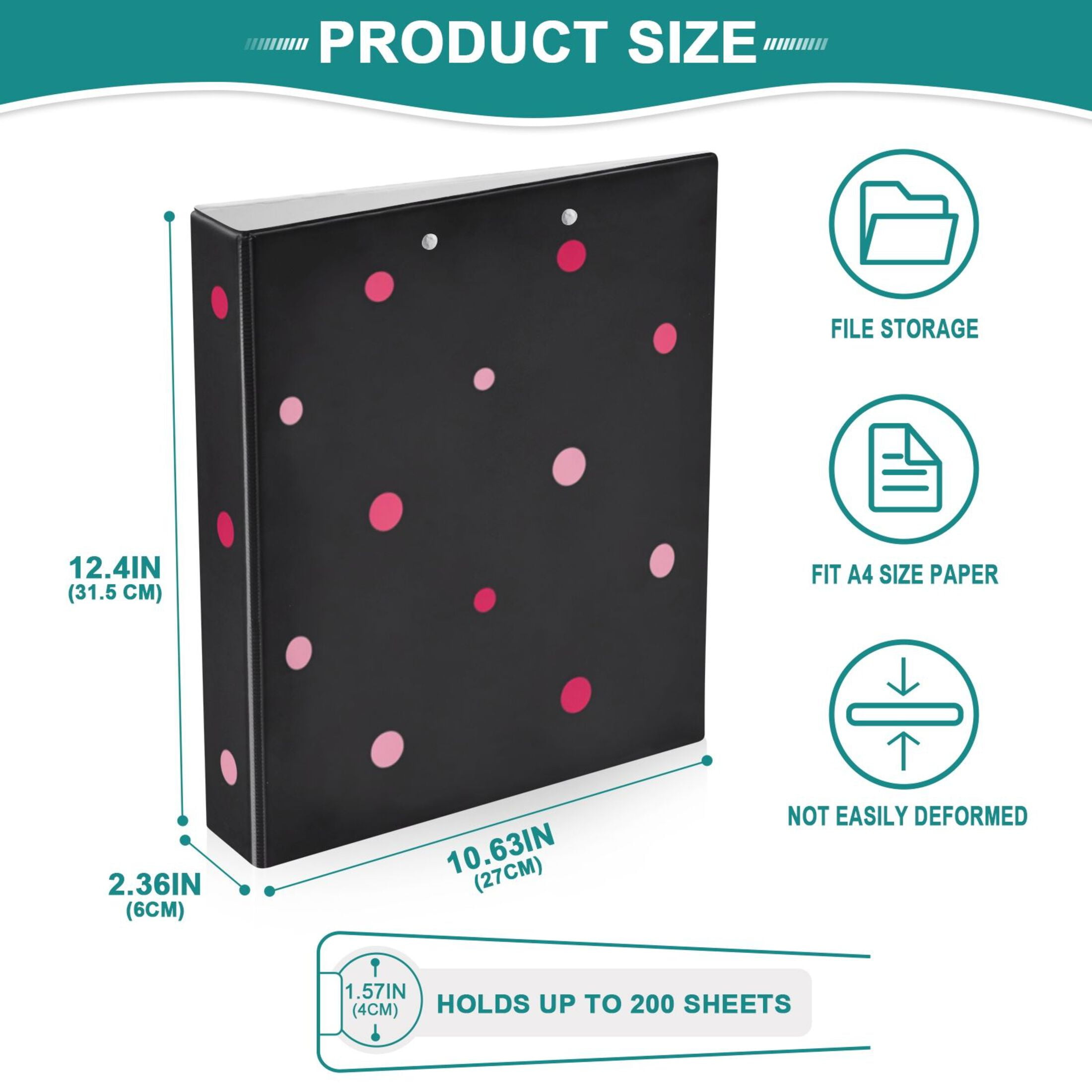 Pink Dots 3 Ring Binders 1.5 inch Hardcover File Folders with Interior Pockets A4 Size Organizer for School Office Hospital