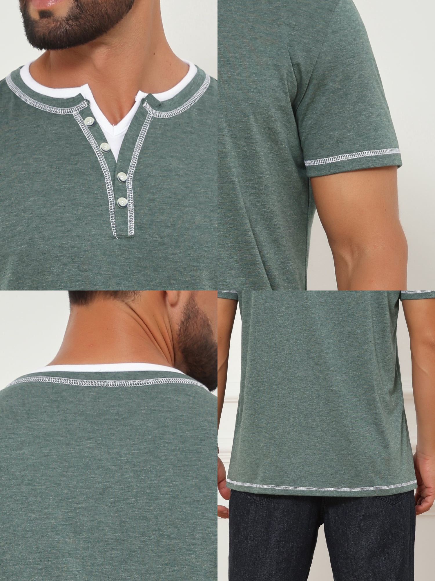 DARING DIVA Men's Henley V-Neck Colorblock Button Down Short Sleeve T-Shirt M Green