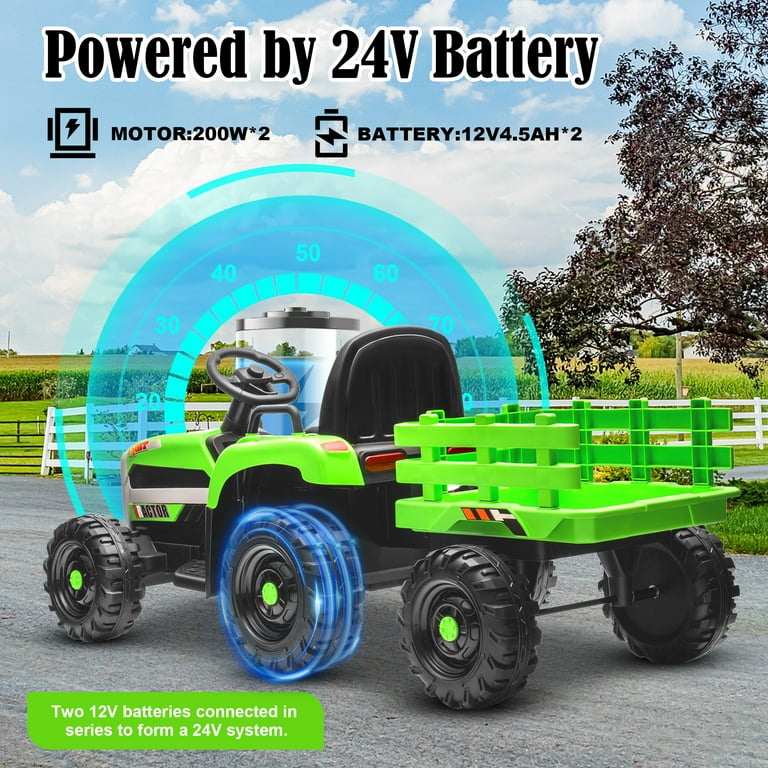 Kids Ride on Tractor with Trailer Toy Cars, 24V Battery Powered
