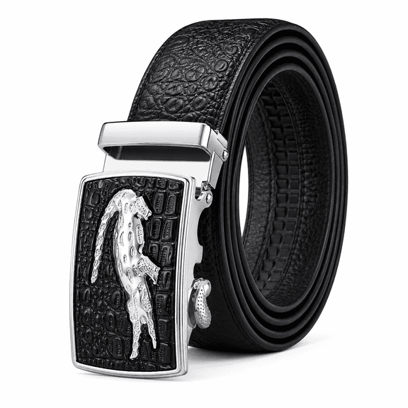 TRISJEM Men's Genuine Cowhide Leather Ratchet Belt with 3D Crocodile Automatic Buckle, Crocodile Embossed No-Hole Dress Belt, 1.38" Wide Adjustable Belt for Jeans, Chinos and Business Casual, Waist 3