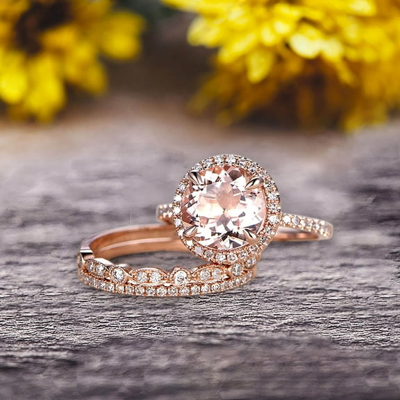 Milgrain Art Deco 2 Carat Round Cut Pink Morganite Engagement Ring 10k Rose Gold With Halo Design Stacking Matching Band Gift For Anniversary