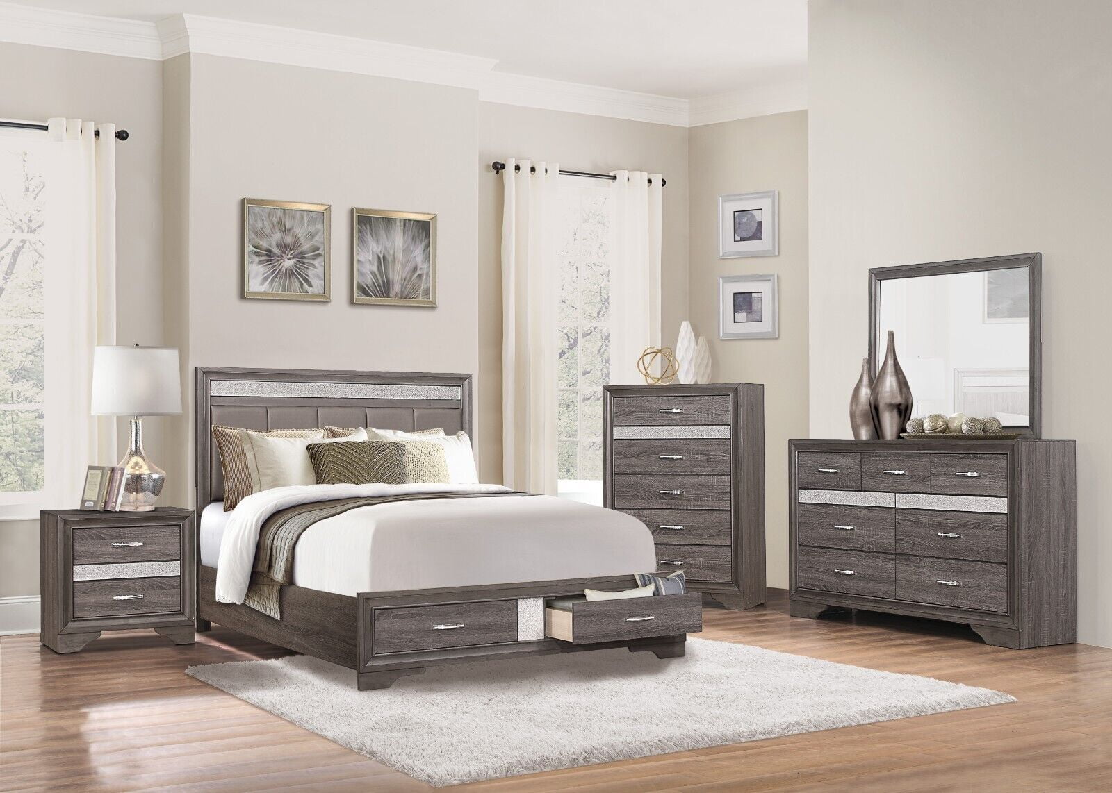 Modern Gray Finish 5pc Bedroom Set Platform King Bed with Storage ...