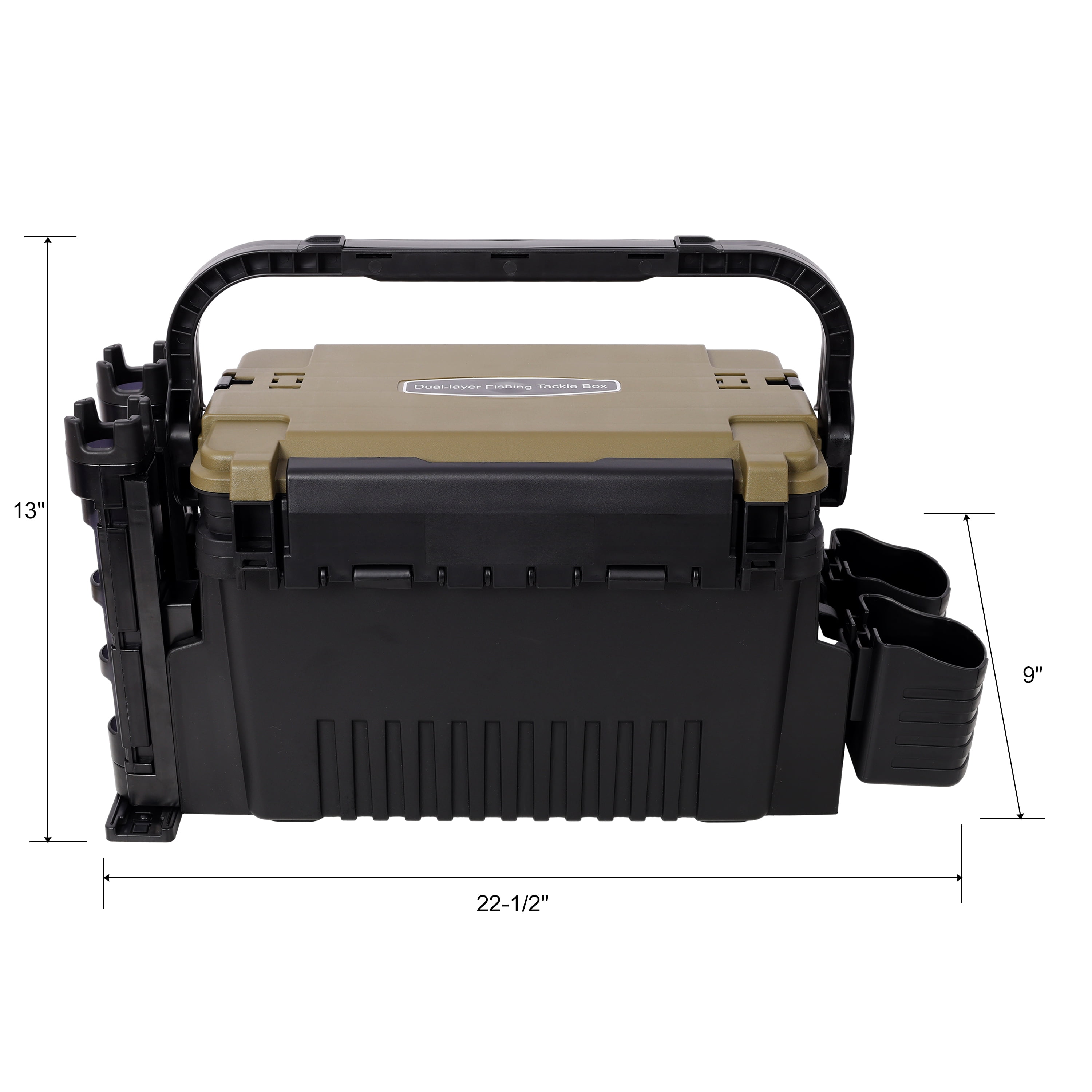 Dual-Layer Fishing Tackle Box Organizer with Rod Holders, 11L Large Capacity Waterproof Tackle Storage with Cup Holders & Carry Strap, Army Green