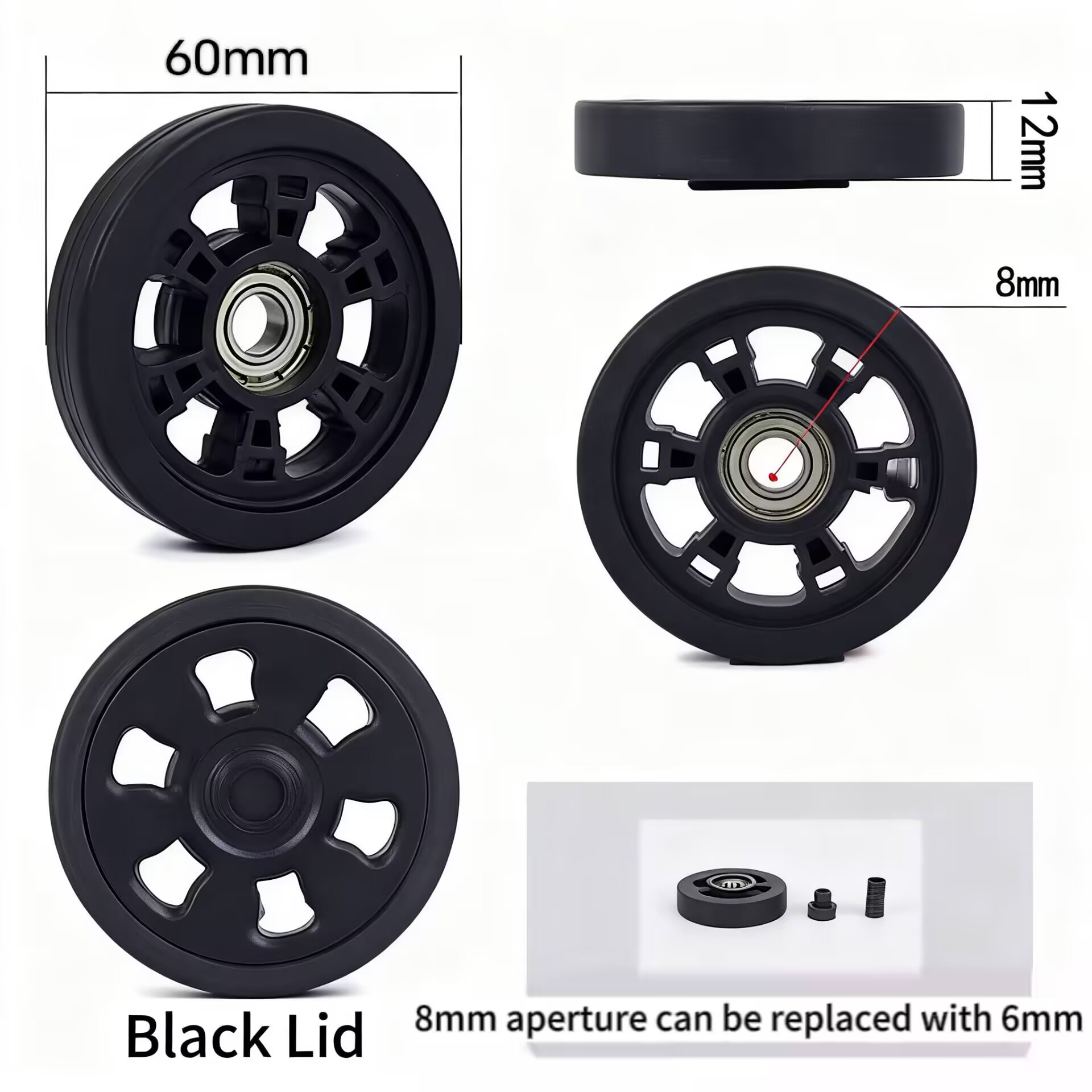 Luggage Wheels Replacement Kit 60mm x 12mm Black Rubber Wheel with Screws Axles Bearings Wear Resistant Mute Suitcase Wheels for Replacement Luggage Suitcase Caster Black 4pcs