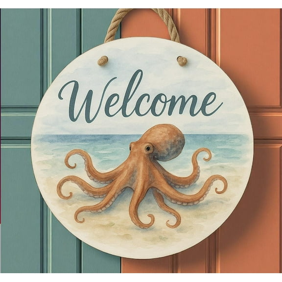 Octopus Welcome Door Hanger Sign – 16" Round Nautical Beach Decor – Coastal PVC Sign with Rope – Outdoor Ocean Porch Wall Art