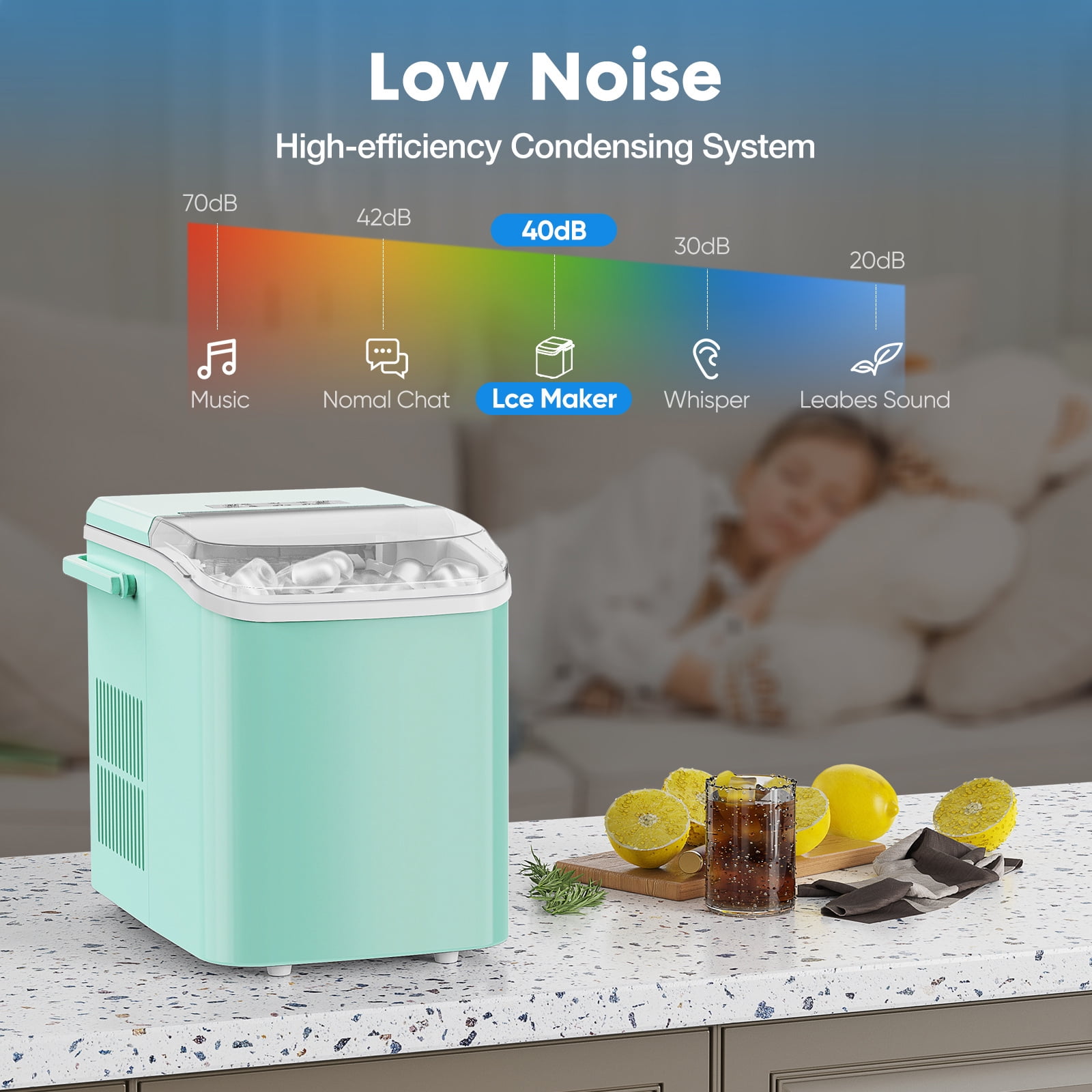 Countertop Ice Maker Portable Machine with Self-Cleaning, 26lbs/24hr, 2 Ice Sizes, Basket & Scoop, Compact Design with Handle for Kitchen, Office, Camping, Green