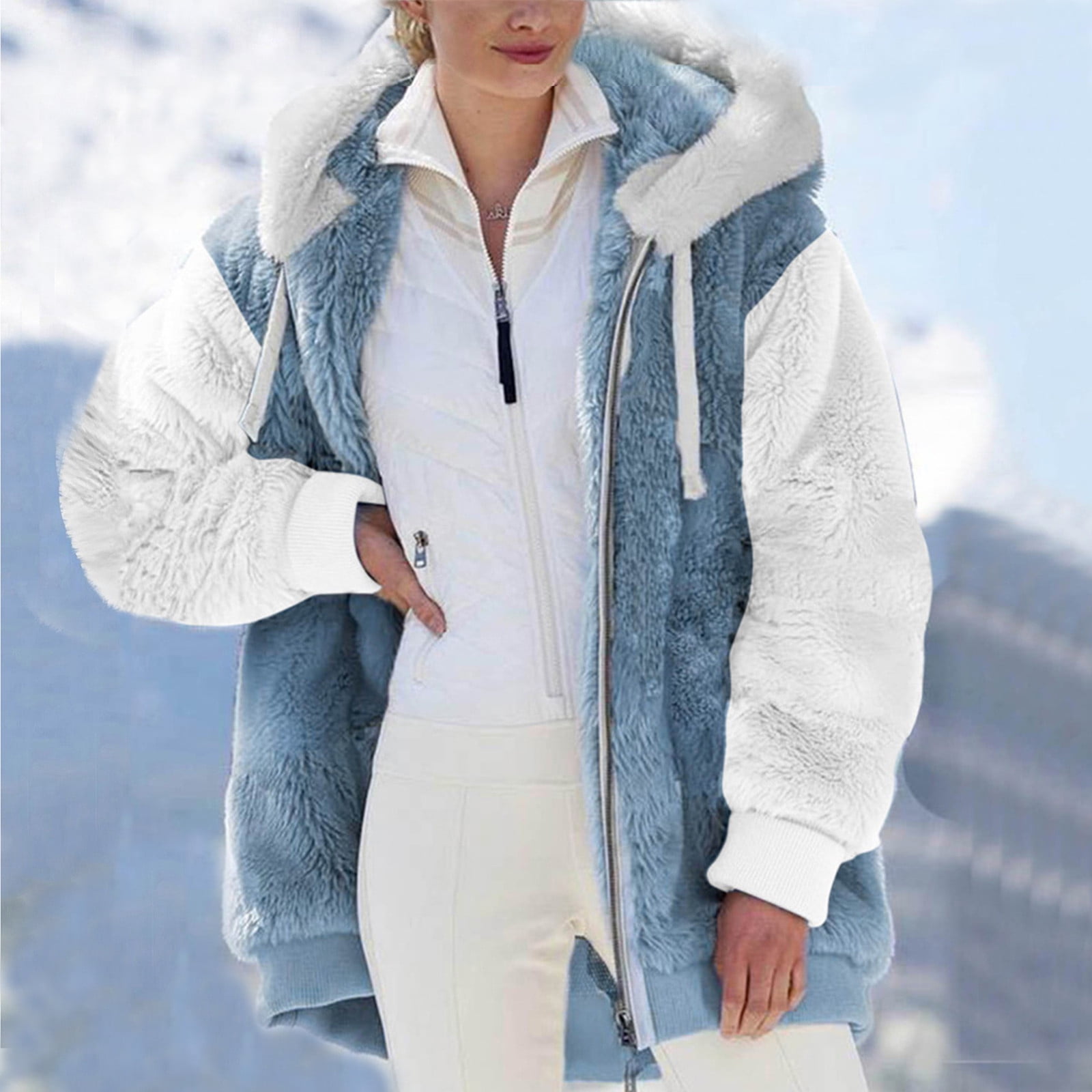 MeetoTime Plus Size Hoodies for Women Fleece Fuzzy Winter Hooded Full Zip Up Color Block Casual Outerwear with Pockets