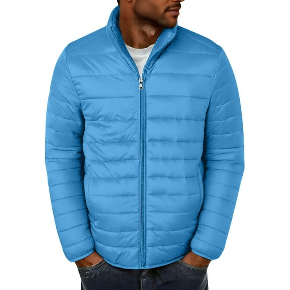 ZCFZJW Mens Puffer Jacket Packable Lightweight Full Zip up Stand Collar Jackets Winter Thick Warm Coat Windproof Long Sleeve Outwear Tops with Pockets Light Blue XL