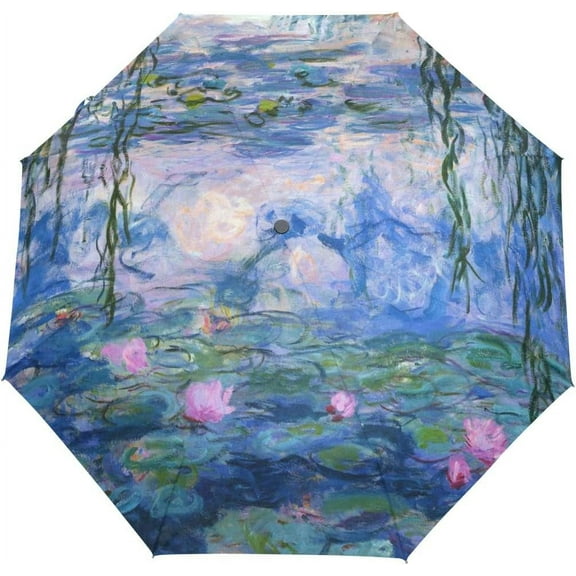 Vipsk Folding Umbrella Claude Monet Water Lilies Painting Travel Umbrella Windproof Automatic Compact Rain Travel Umbrella,Lightweight,Auto Open/Close