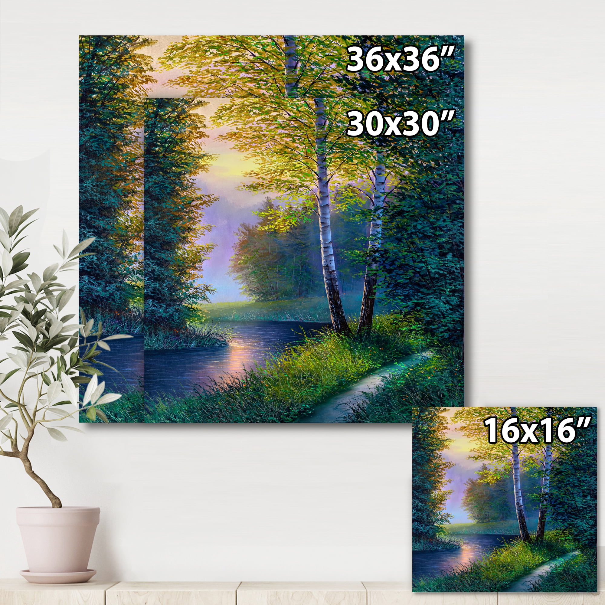 Designart ' Sunrise Glow Through The Birch Forest ' Lake House Canvas Wall Art Print