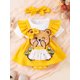 thumbnail image 2 of Vigorbear - Vestido de verano para niñas pequeñas, mono con mangas voladoras y bordado de flores de muñeca de dibujos animados con diadema, 2 of 7