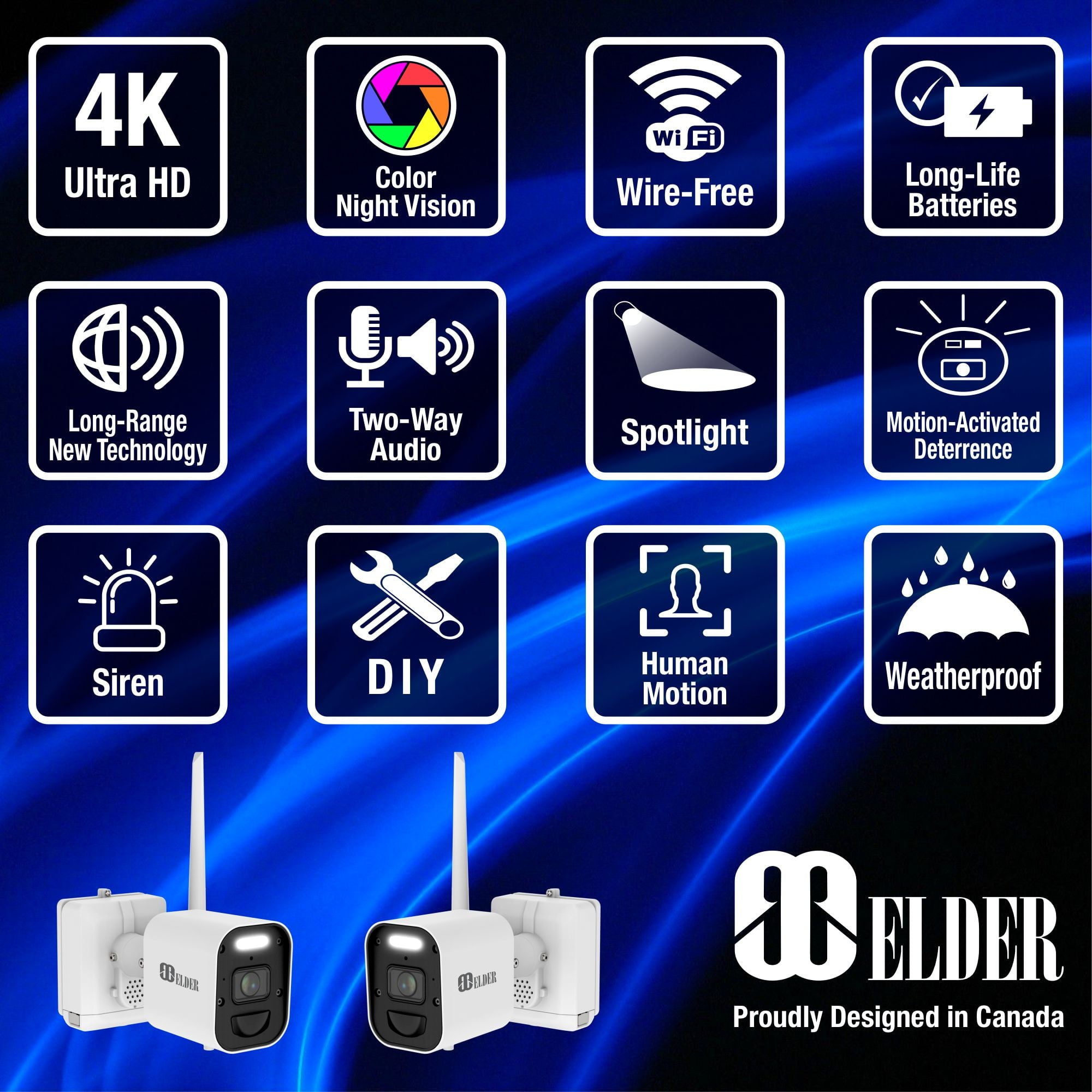 Elder 4K Wireless Security Camera System 1TB Wire-Free, 8Ch NVR 6-Camera Battery WiFi Surveillance Outdoor, Color Night Vision, Spotlight Deterrence & Two-Way Talk