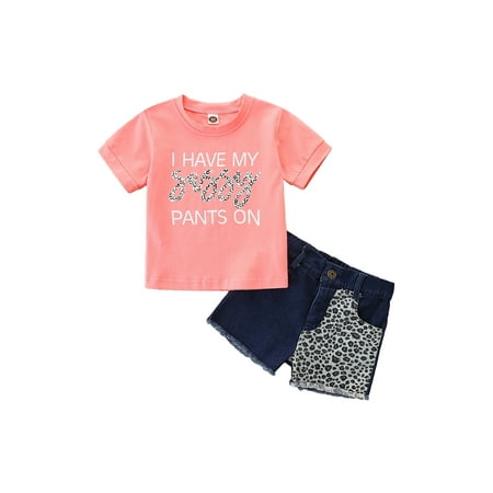

Calsunbaby Little Girls Casual Summer Outfit Letter Print Short Sleeve Round Collar Pullover Tops Leopard Denim Shorts Set