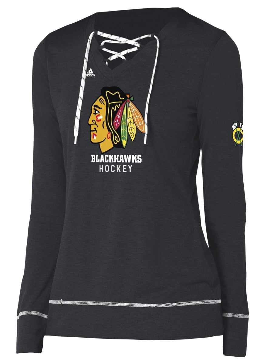 Chicago Blackhawks adidas Women's Hockey Stitch Lace Long Sleeve Top Heathered Black by REEBOK/SPORTS LICENSED DIVISION
