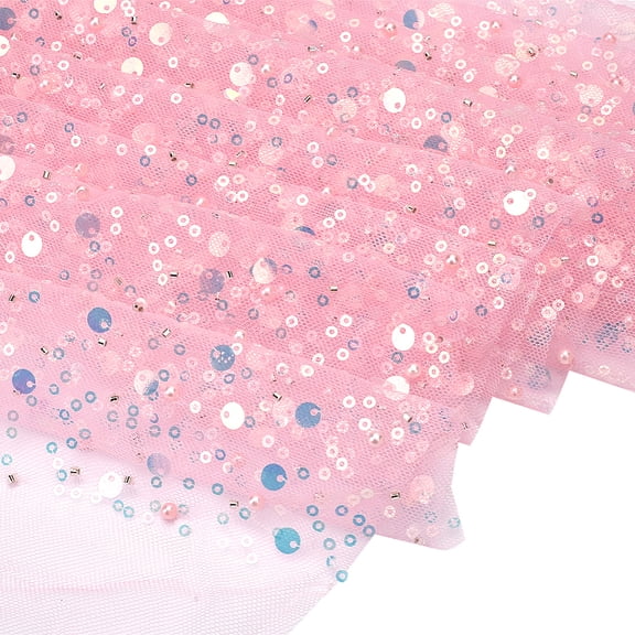1 Yard/0.91M Pink Glitter Tulle Fabric with Sequin and Beads - 1.3M/51.2inch Wide Polyester Sparkly Mesh Fabric for Party Dress Gown Decoration