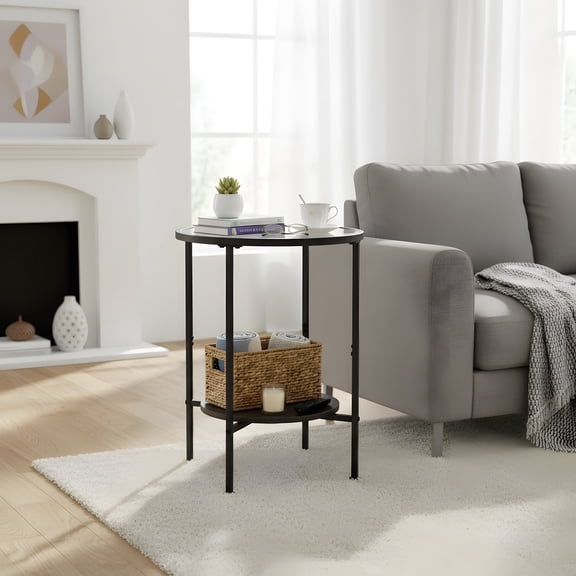 Round Side Table with Storage - Tempered Glass Top - Modern Design