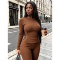thumbnail image 3 of Women's Crew Neck Side Slit Long Sleeve Fitted Top & High Waist Skinny Pants Casual 2 Piece Outfit Set, 3 of 5
