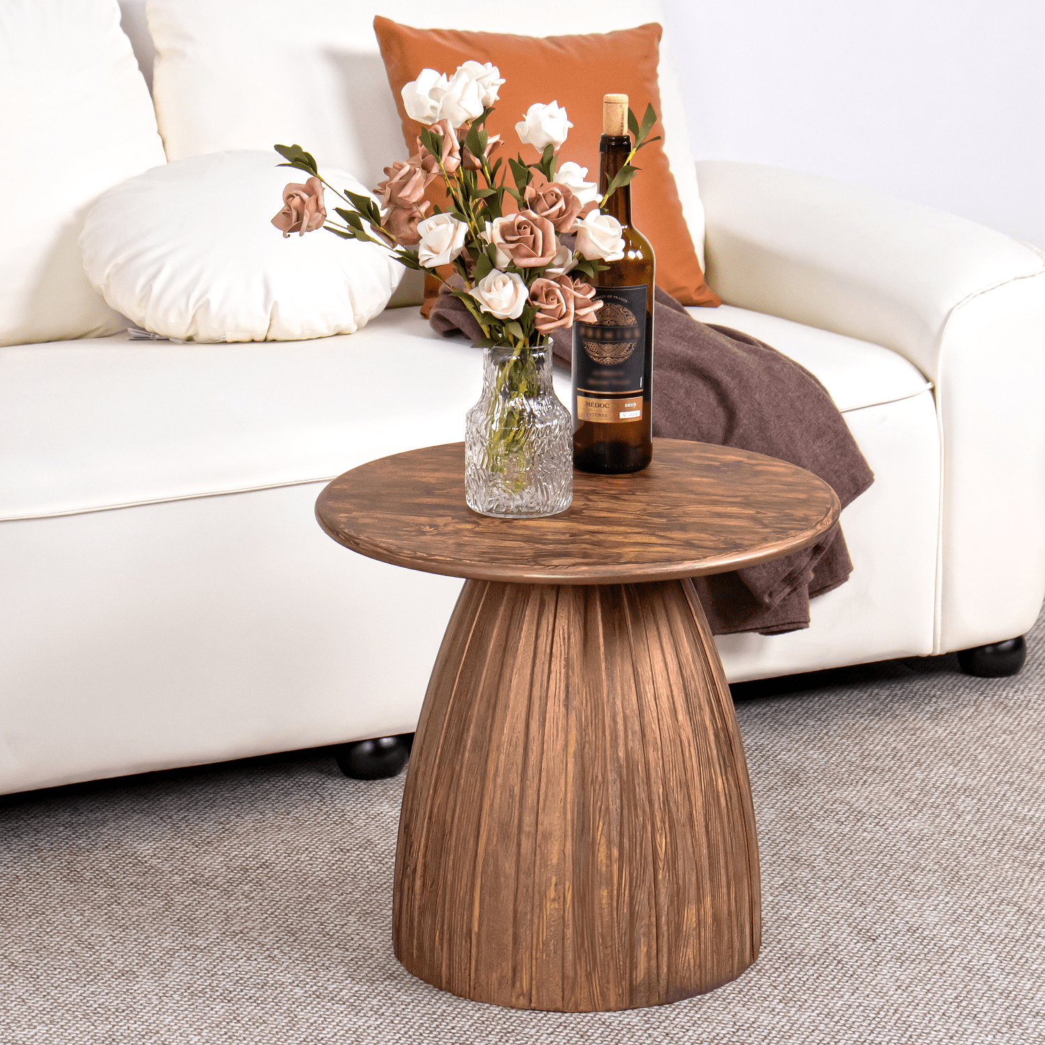 Round End Table for Living Room, Metal Small Side Table, Modern Nightstand Tea Table for Living Room, Walnut
