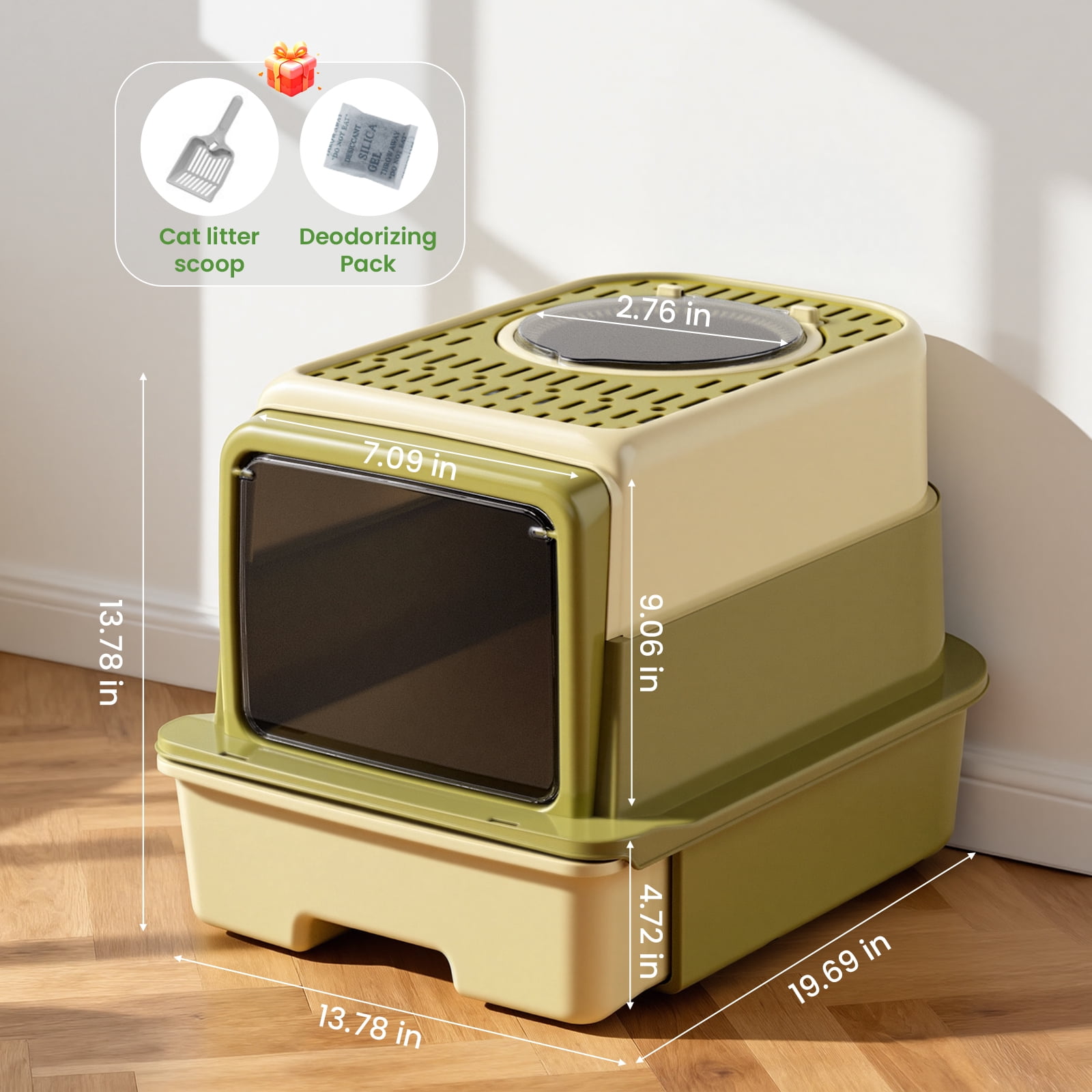 Enclosed Cat Litter Box with Lid, Easy to Scoop with Litter Scoop Set, High Sides Enclosure Anti-Urine Leakage Non-Sticky(Green)