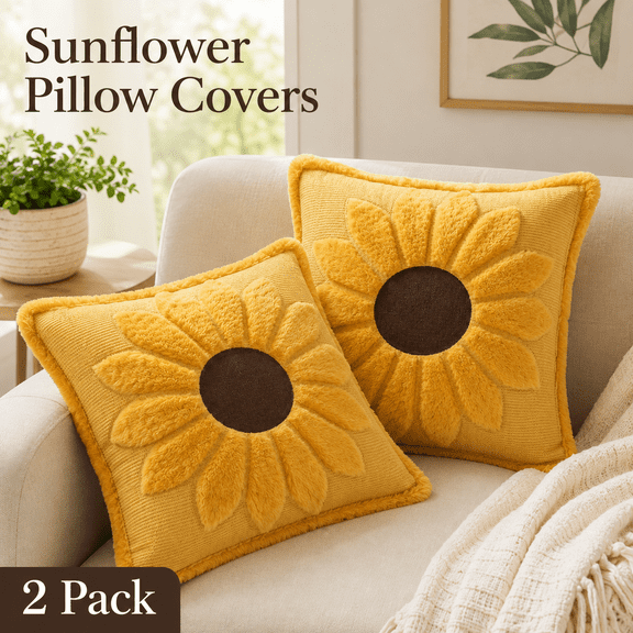 MORAVE Set of 2 Embroidered Yellow Sunflower Pillow Covers 18×18in,Soft Faux Fur Floral Cushion Case,Farmhouse Decor for Couch Bed Dorm