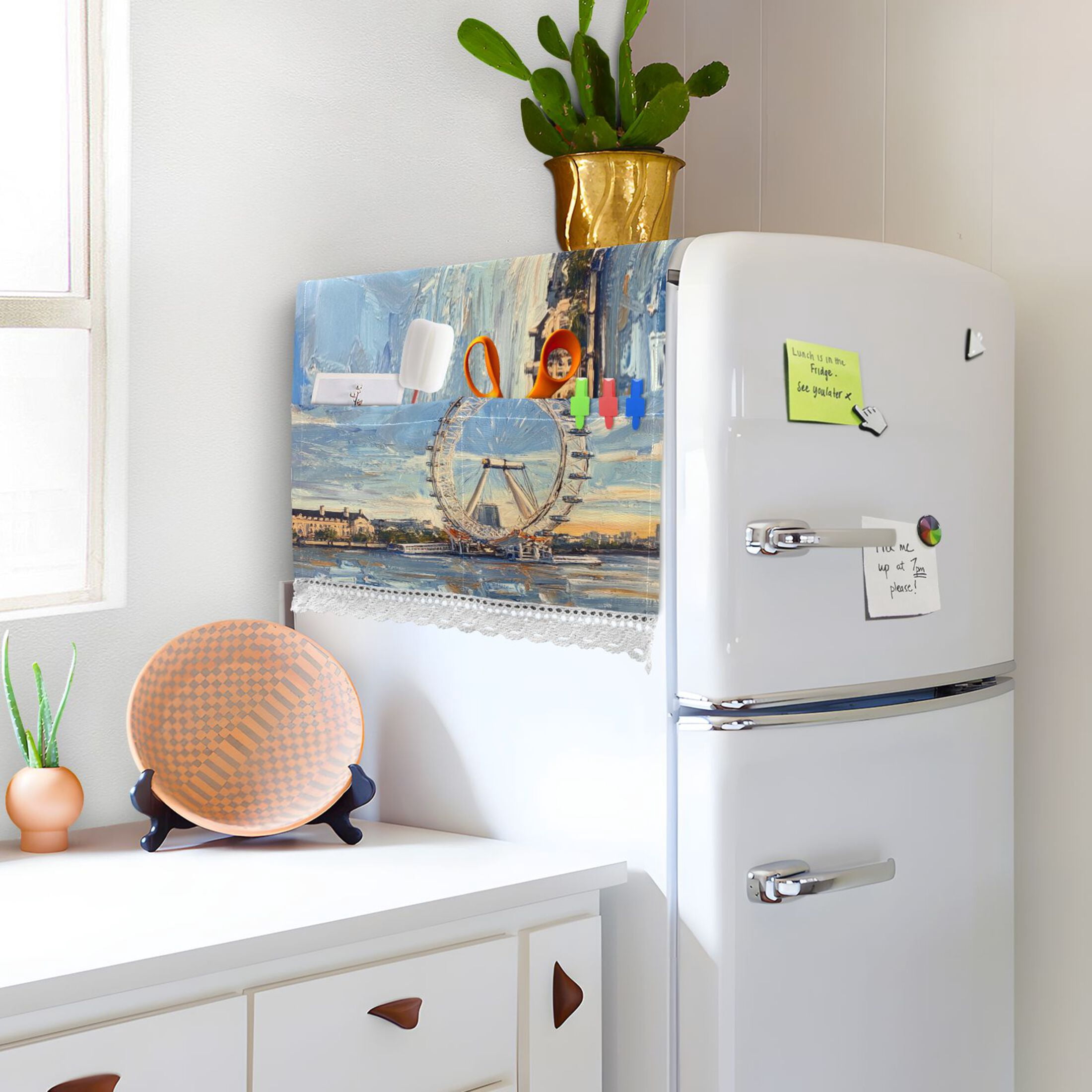 The London EyeWasher and Dryer Covers Dust-Proof and Oil Resistant Fridge Cover with 4 Storage Pockets Washing Machine Top Cover for Laundry Kitchen Home 51.2 x 22 In
