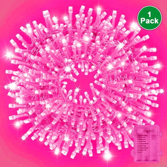 LAMPHOME Battery Powered Pink Christmas String Lights, 34.1FT 100 LED Waterproof Christmas Tree Lights with 8 Lighting Modes, Indoor & Outdoor Xmas Decor for Yard, Wedding, Home Ornaments