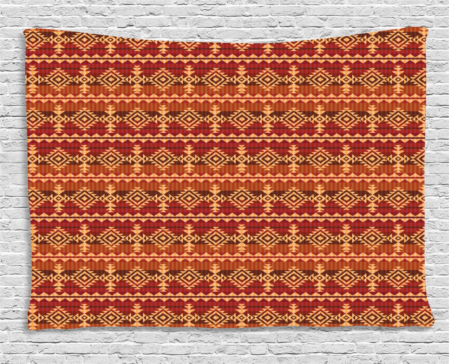 Mexican Tapestry, Ancient Aztec Culture Theme Classical Triangles Pattern Primitive Ornaments 