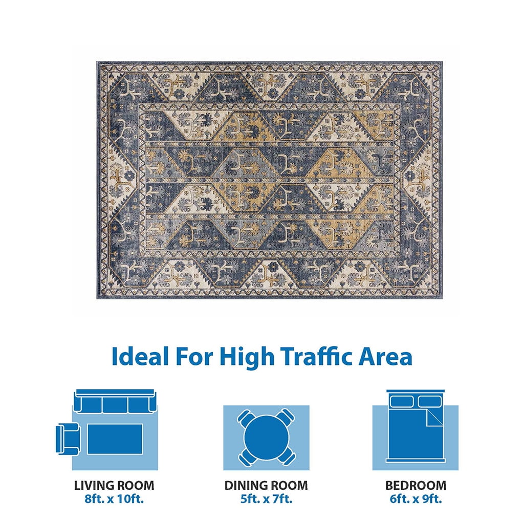 MAYEERTY 8x10' Tiled Border Area Rug Blue Cream Polyester