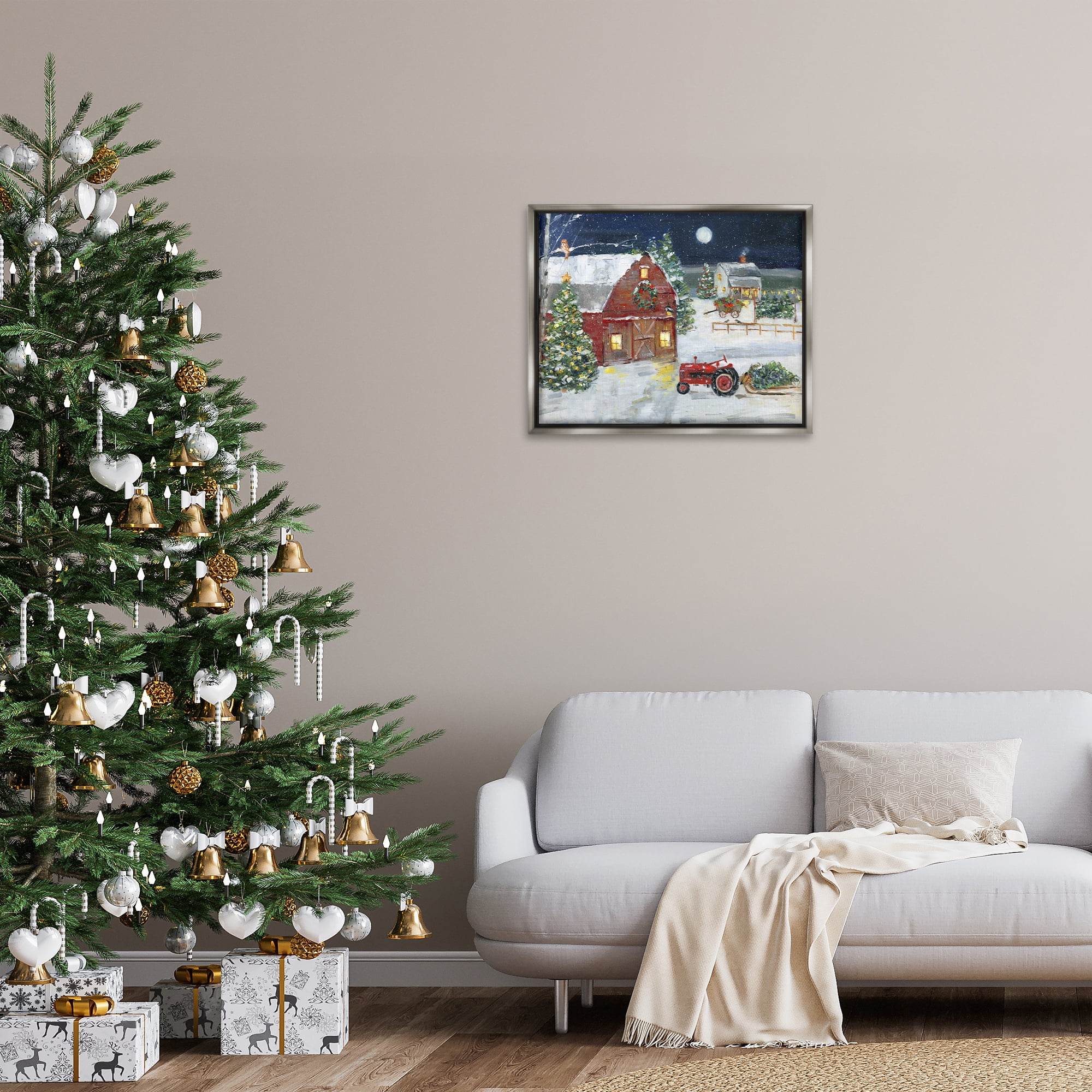 Stupell Industries Snowy Farm & Tractor Holiday Painting Gray Floater Framed Canvas Art Prints Wall Art, 31 x 25
