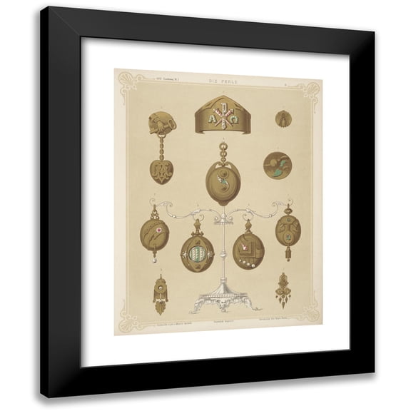 Martin Gerlach 12x14 Black Modern Framed Museum Art Print Titled - Eleven Designs for Jewelry, Including Some Gold Brooches Displayed on Wrought Silver Stand. (1872 - 1873)