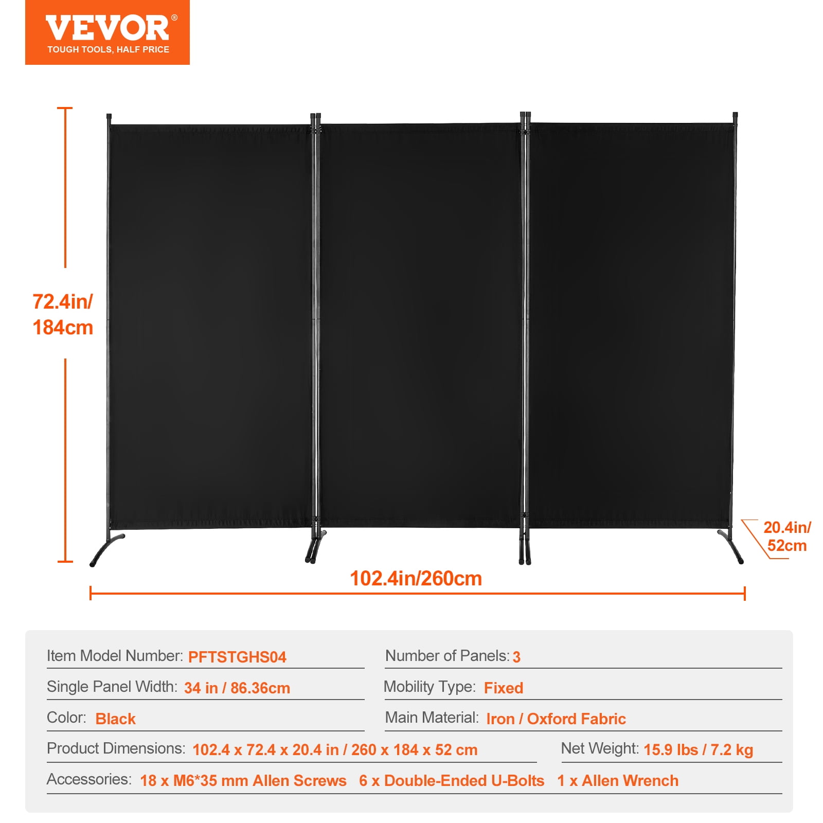 VEVOR Room Divider, 3 Panel Room Divider, Folding Privacy Screen and Portable Partition Divider for Room Separation, Freestanding Room Partitions for Office, Bedroom, Study, Black