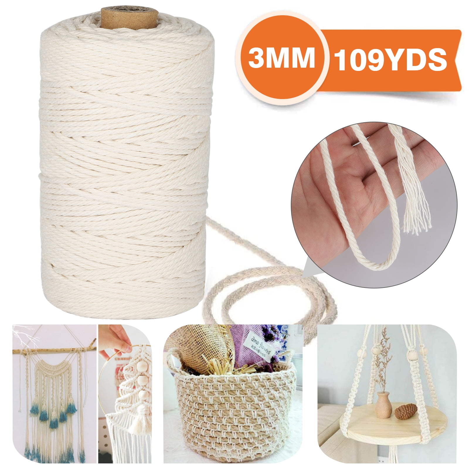 Macrame Cord 3mm x 328yd Beige 100% Natural Cotton Macrame Rope 4 Strand Twisted Cotton Cord for DIY Crafts Knitting Plant Hangers Wedding Decor 