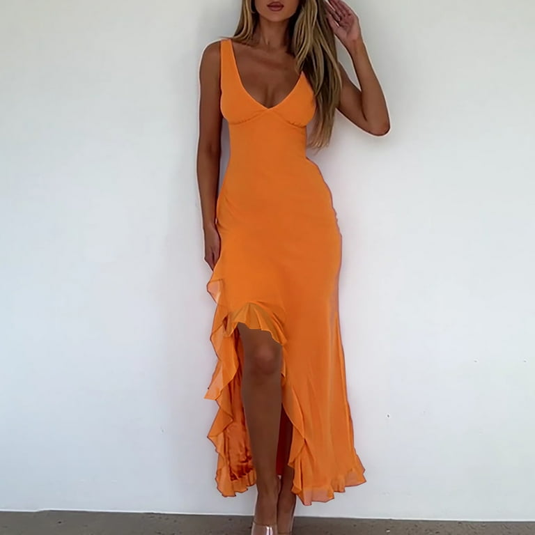 Uppada Women Deep V Neck Sleeveless Mesh Ruffle Hem Bodycon Maxi Casual Backless High Slit Cocktail Party Dress Elegant High Slit Cocktail Party