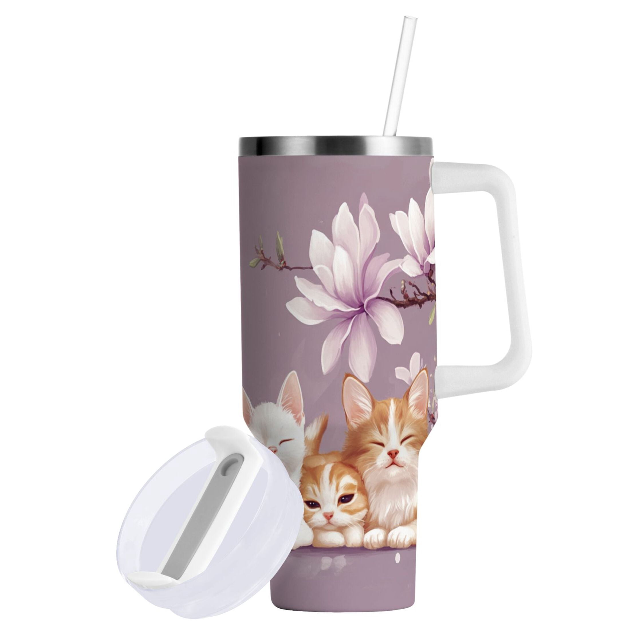 YAZAOO Tumbler 40oz Insulated Stainless Creative Kittens and Puppies with Flowers Pattern Steel Water Bottles