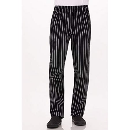 Chef Works Men`s Designer Baggy Chef Pants, Black W/Chalk Stripe, Medium