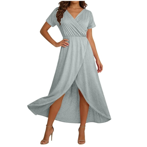 HAiming Plus Size Women's V Neck Wrap Dresses Slit Pleated Short Sleeve Summer Midi Dresses Elegant Flowy Dresses