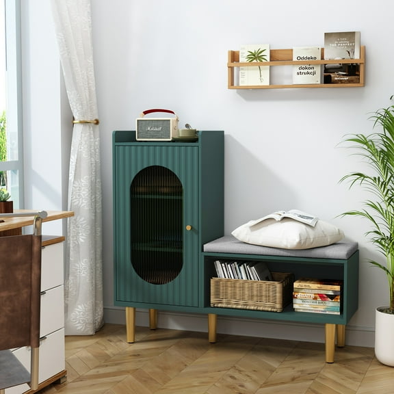 Storage Bench With Glass Door & Shelf Shoe Cabinet Bench With Padded Seat Green