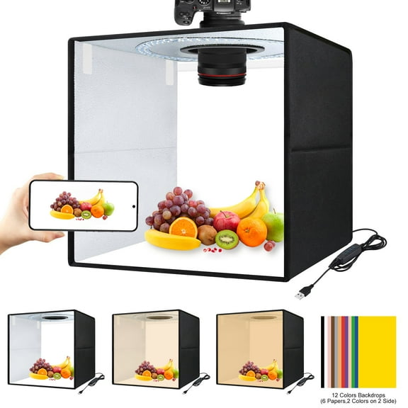 Photo Box 16" x 16" Quick Install Foldable Portable Studio Kit with Soft Light Cloth Professional Photography Equipment Adjustable White Light, Soft Light, Warm Light (16 x 16 inch)
