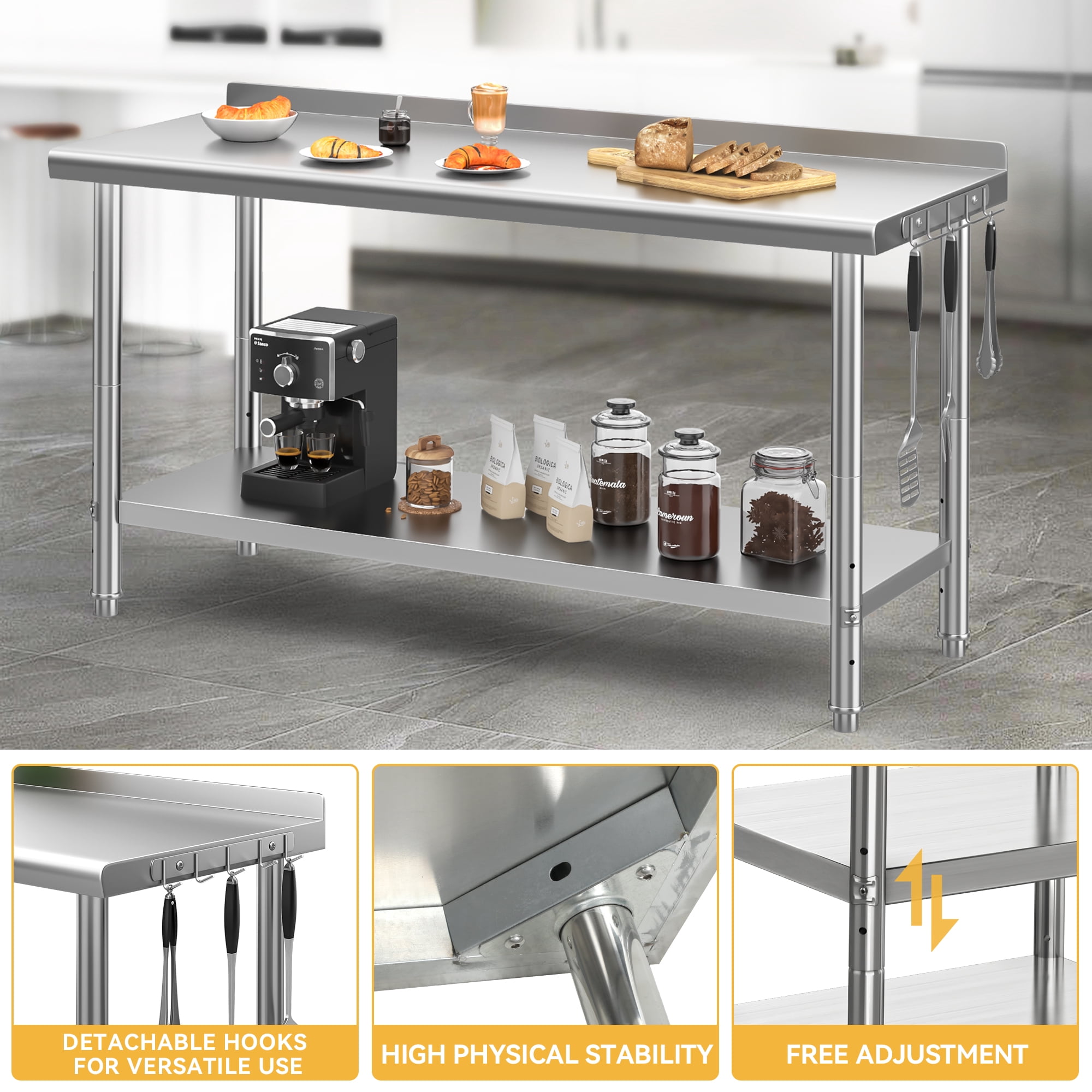 Dextrus 60" x 24" Heavy Duty Stainless Steel Work Table with Backsplash and Adjustable Undershelf, Extra Large Metal Prep Table for Domestic and Commercial Use